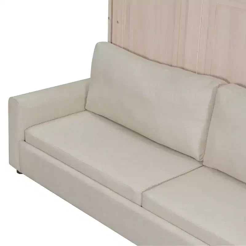 Lit escamotable Queen en lin beige avec canapé et lumières LED, 2-en-1, 1 à 2 couchages
