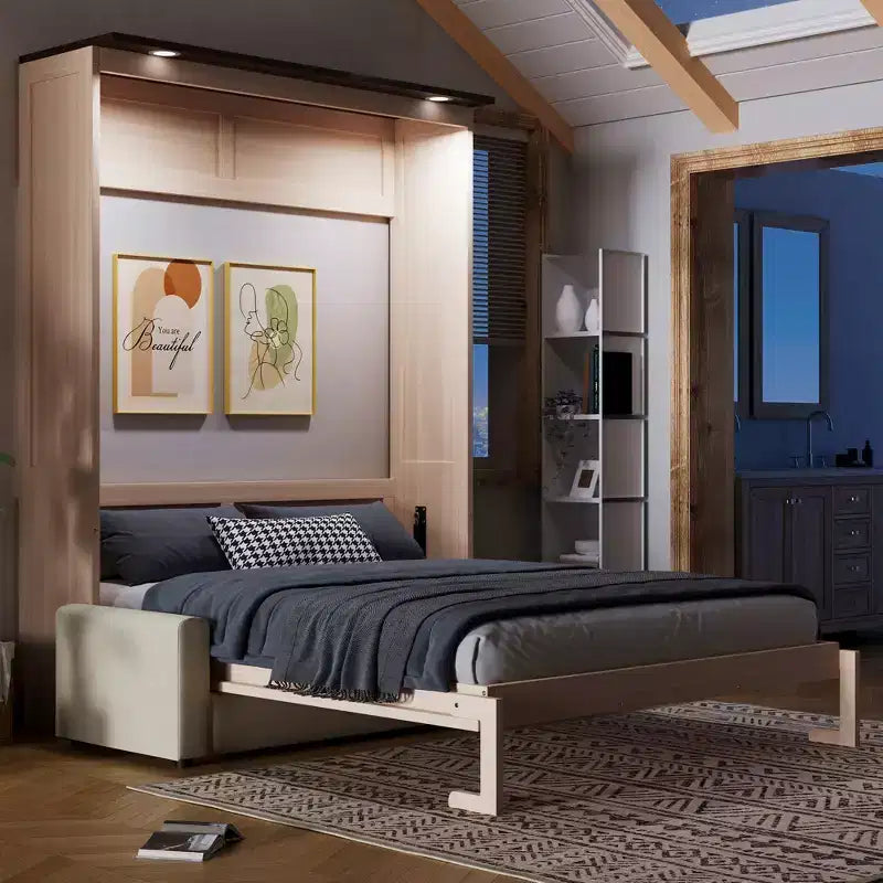 Lit escamotable Queen en lin beige avec canapé et lumières LED, 2-en-1, 1 à 2 couchages