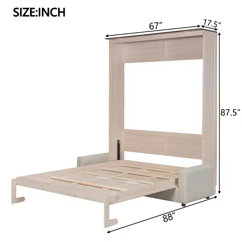 Lit escamotable Queen en lin beige avec canapé et lumières LED, 2-en-1, 1 à 2 couchages