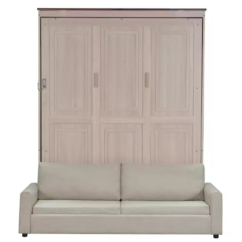 Lit escamotable Queen en lin beige avec canapé et lumières LED, 2-en-1, 1 à 2 couchages