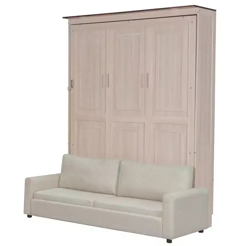 Lit escamotable Queen en lin beige avec canapé et lumières LED, 2-en-1, 1 à 2 couchages