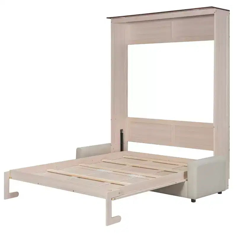 Lit escamotable Queen en lin beige avec canapé et lumières LED, 2-en-1, 1 à 2 couchages