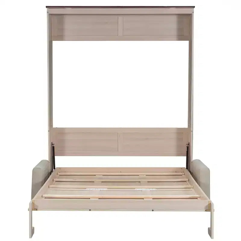 Lit escamotable Queen en lin beige avec canapé et lumières LED, 2-en-1, 1 à 2 couchages