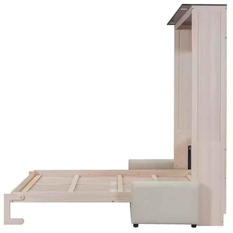 Lit escamotable Queen en lin beige avec canapé et lumières LED, 2-en-1, 1 à 2 couchages