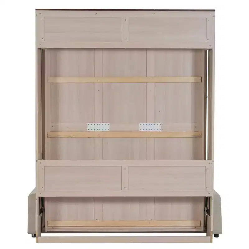 Lit escamotable Queen en lin beige avec canapé et lumières LED, 2-en-1, 1 à 2 couchages