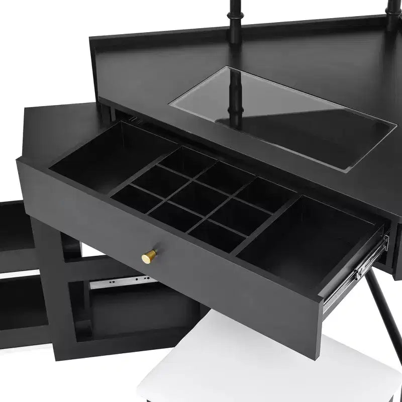 Coiffeuse d'angle avec tabouret Noir/Noyer, bureau triangulaire 1 personne avec station de charge et meuble amovible