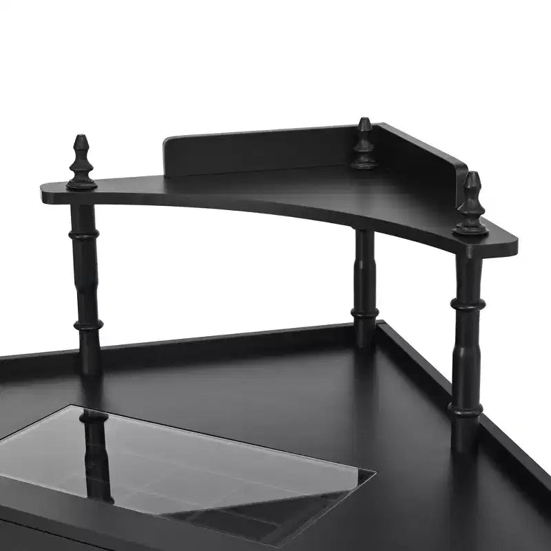 Coiffeuse d'angle avec tabouret Noir/Noyer, bureau triangulaire 1 personne avec station de charge et meuble amovible