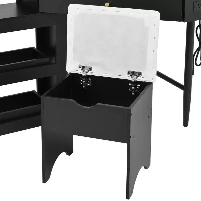 Coiffeuse d'angle avec tabouret Noir/Noyer, bureau triangulaire 1 personne avec station de charge et meuble amovible