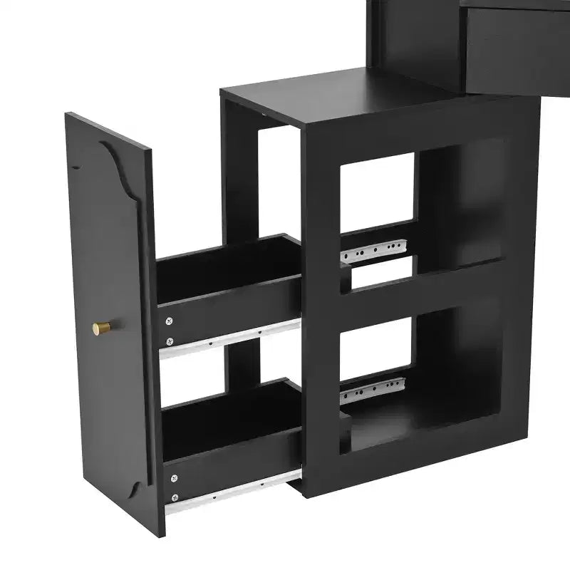 Coiffeuse d'angle avec tabouret Noir/Noyer, bureau triangulaire 1 personne avec station de charge et meuble amovible
