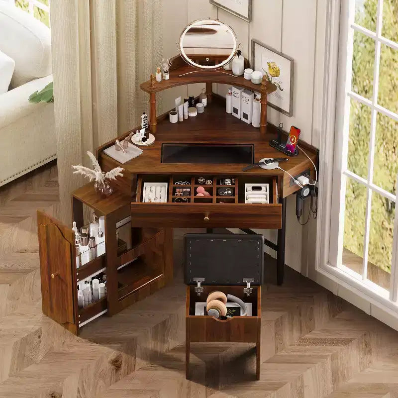 Coiffeuse d'angle avec tabouret Noir/Noyer, bureau triangulaire 1 personne avec station de charge et meuble amovible