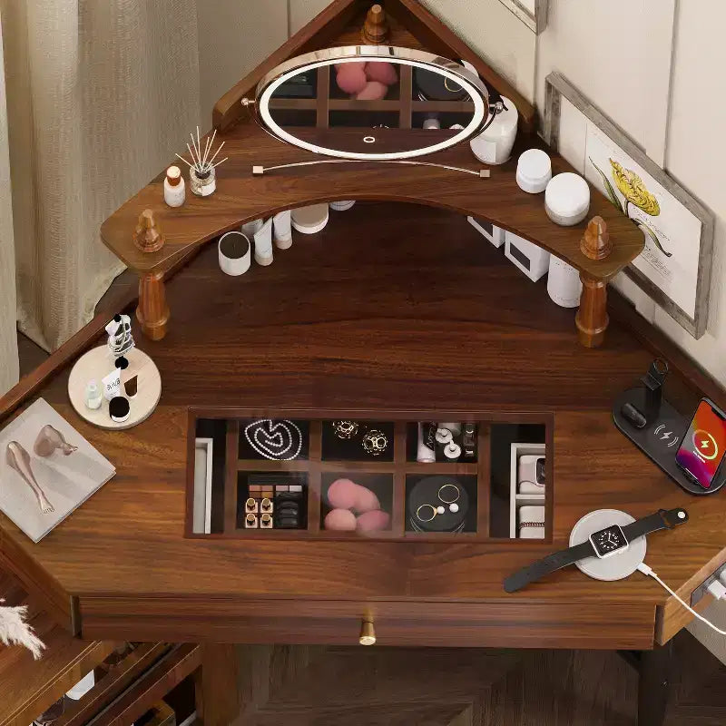 Coiffeuse d'angle avec tabouret Noir/Noyer, bureau triangulaire 1 personne avec station de charge et meuble amovible