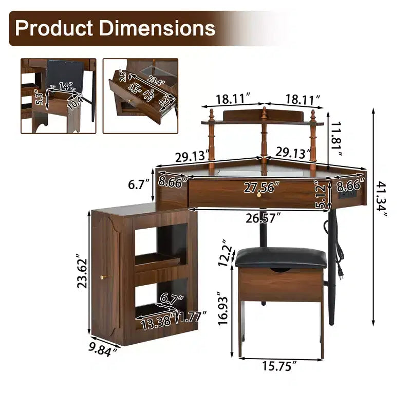 Coiffeuse d'angle avec tabouret Noir/Noyer, bureau triangulaire 1 personne avec station de charge et meuble amovible