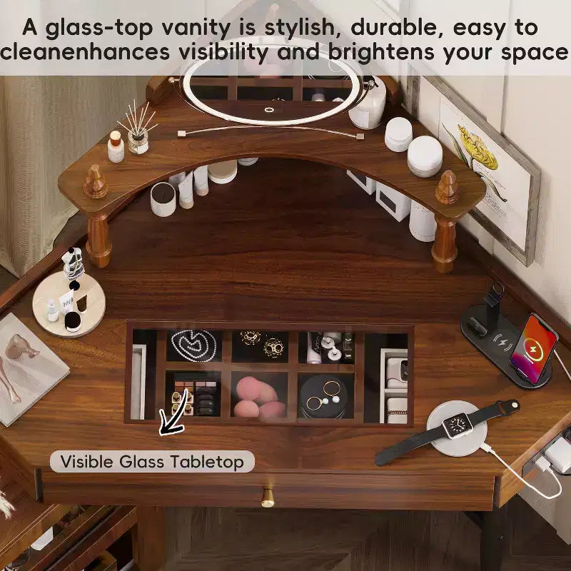 Coiffeuse d'angle avec tabouret Noir/Noyer, bureau triangulaire 1 personne avec station de charge et meuble amovible