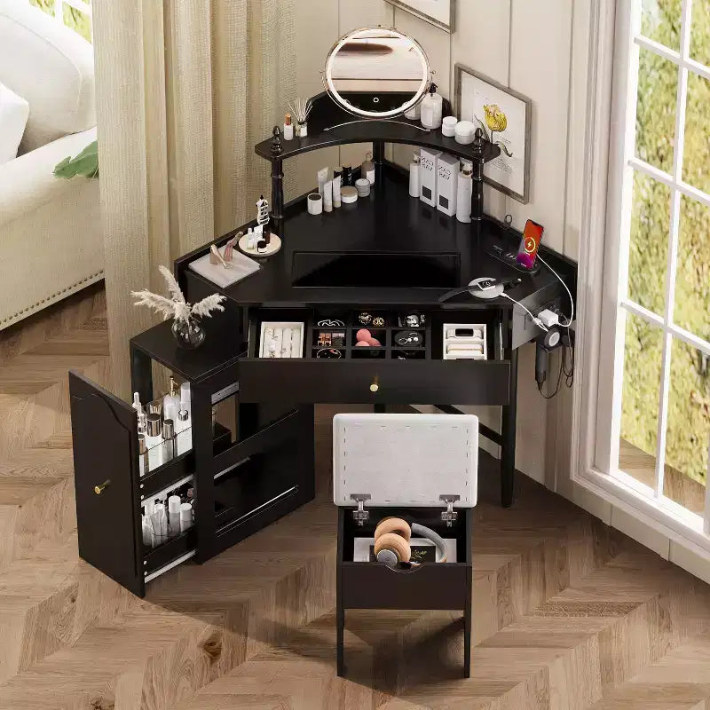 Coiffeuse d'angle avec tabouret Noir/Noyer, bureau triangulaire 1 personne avec station de charge et meuble amovible