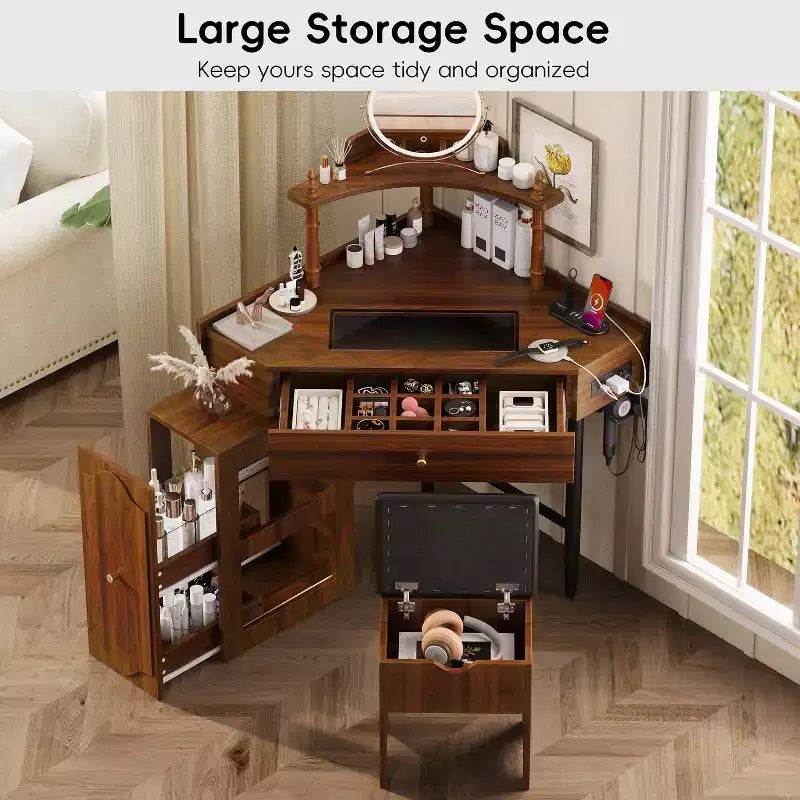 Coiffeuse d'angle avec tabouret Noir/Noyer, bureau triangulaire 1 personne avec station de charge et meuble amovible
