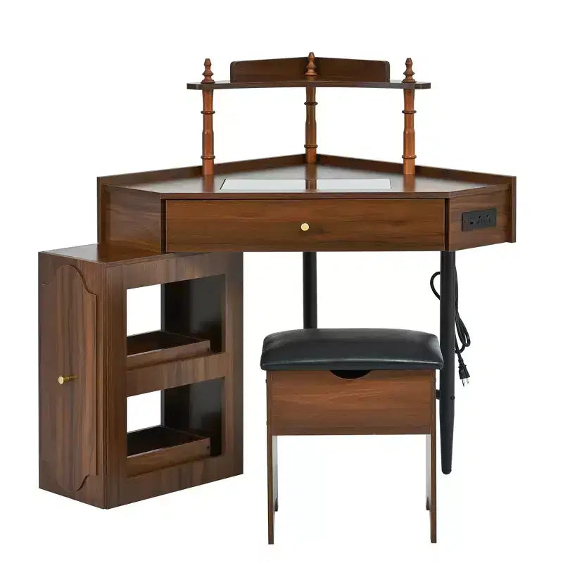 Coiffeuse d'angle avec tabouret Noir/Noyer, bureau triangulaire 1 personne avec station de charge et meuble amovible