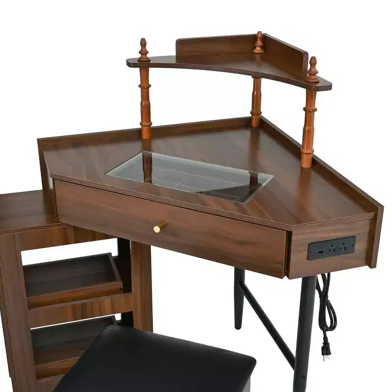Coiffeuse d'angle avec tabouret Noir/Noyer, bureau triangulaire 1 personne avec station de charge et meuble amovible