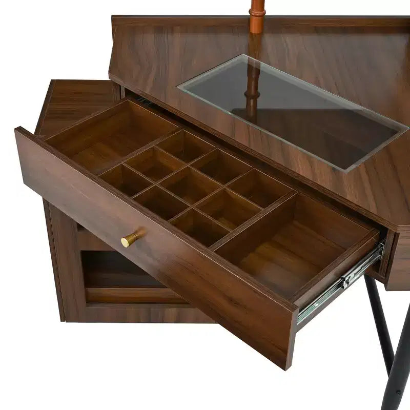 Coiffeuse d'angle avec tabouret Noir/Noyer, bureau triangulaire 1 personne avec station de charge et meuble amovible