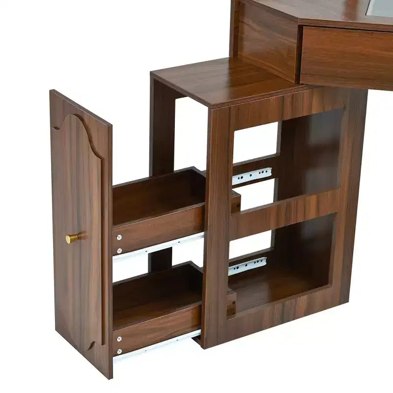 Coiffeuse d'angle avec tabouret Noir/Noyer, bureau triangulaire 1 personne avec station de charge et meuble amovible