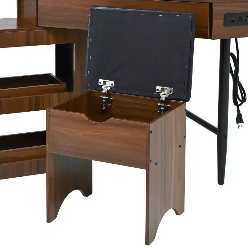 Coiffeuse d'angle avec tabouret Noir/Noyer, bureau triangulaire 1 personne avec station de charge et meuble amovible