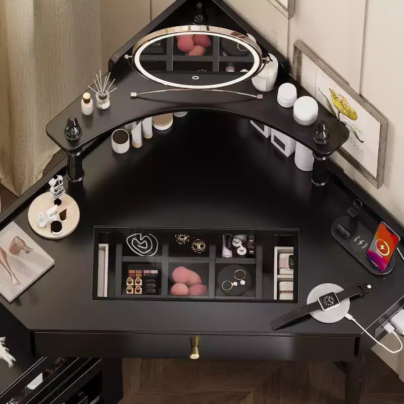 Coiffeuse d'angle avec tabouret Noir/Noyer, bureau triangulaire 1 personne avec station de charge et meuble amovible