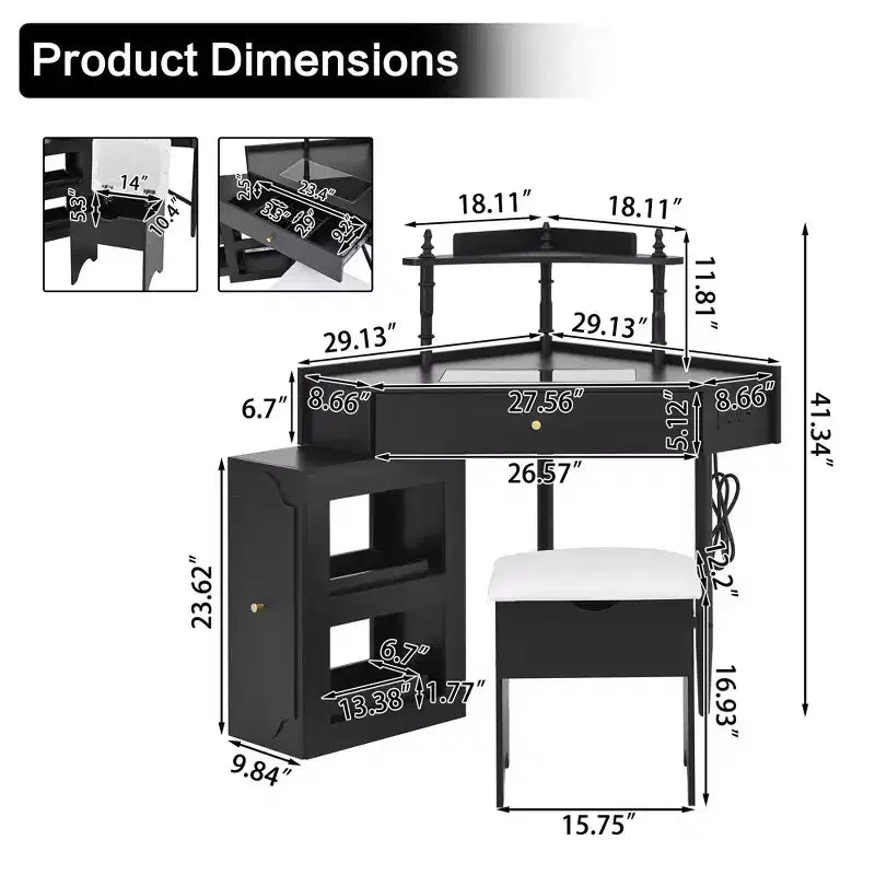 Coiffeuse d'angle avec tabouret Noir/Noyer, bureau triangulaire 1 personne avec station de charge et meuble amovible