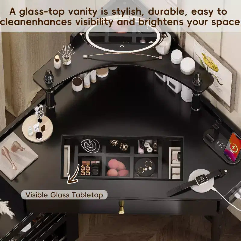 Coiffeuse d'angle avec tabouret Noir/Noyer, bureau triangulaire 1 personne avec station de charge et meuble amovible