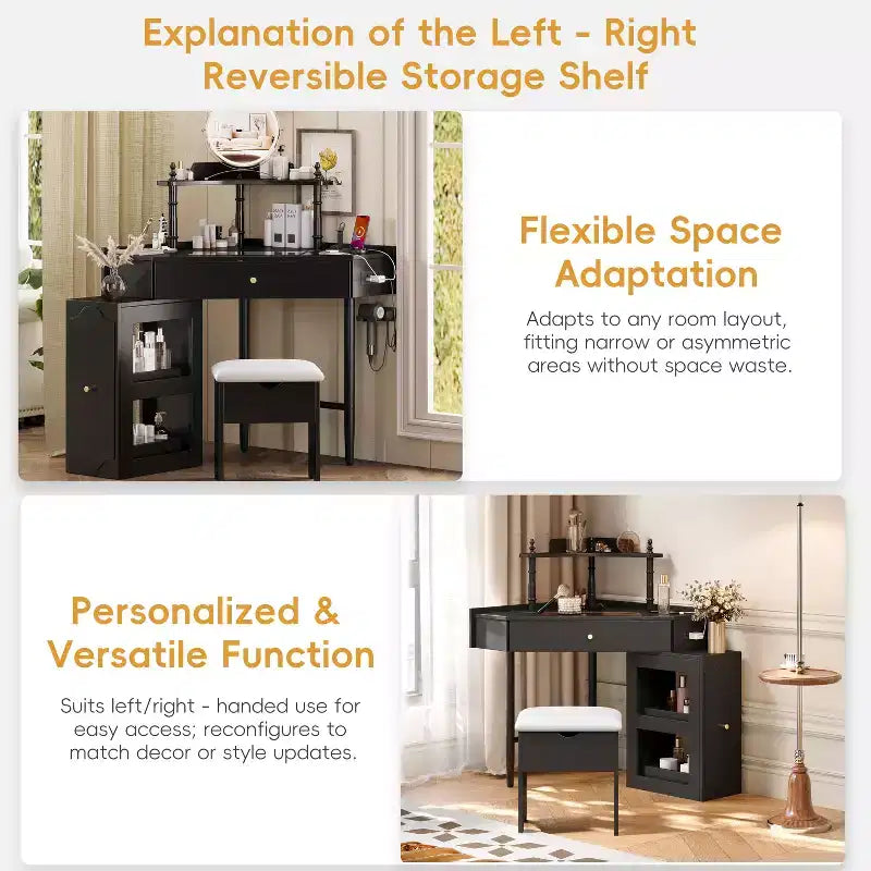 Coiffeuse d'angle avec tabouret Noir/Noyer, bureau triangulaire 1 personne avec station de charge et meuble amovible