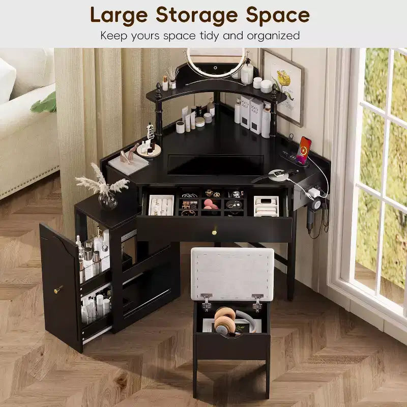 Coiffeuse d'angle avec tabouret Noir/Noyer, bureau triangulaire 1 personne avec station de charge et meuble amovible