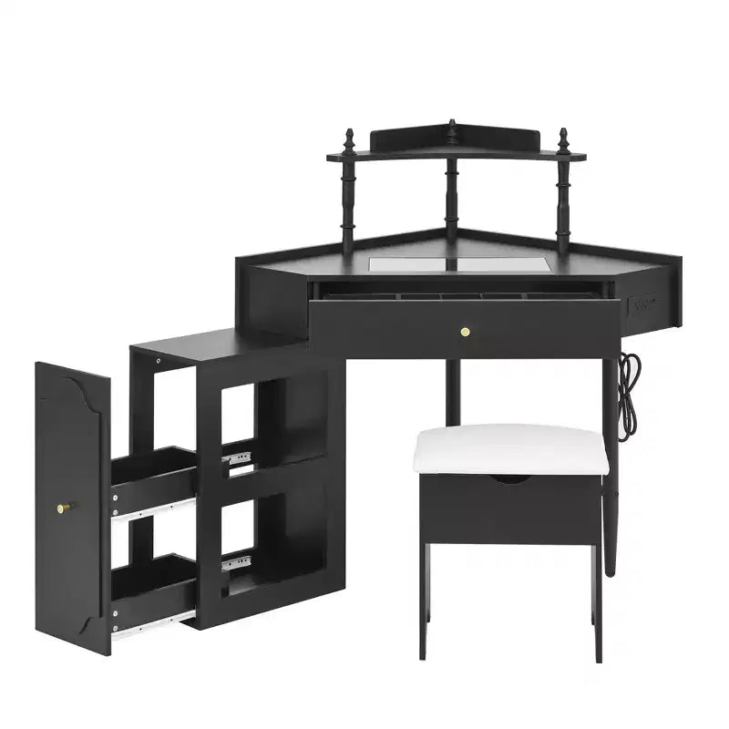 Coiffeuse d'angle avec tabouret Noir/Noyer, bureau triangulaire 1 personne avec station de charge et meuble amovible
