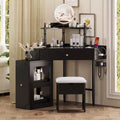 Corner Makeup Vanity Set with Stool & Charging Station, Triangle Vanity Desk with Removable Side Cabinet, Glass Top Organizer - ModernLuxe