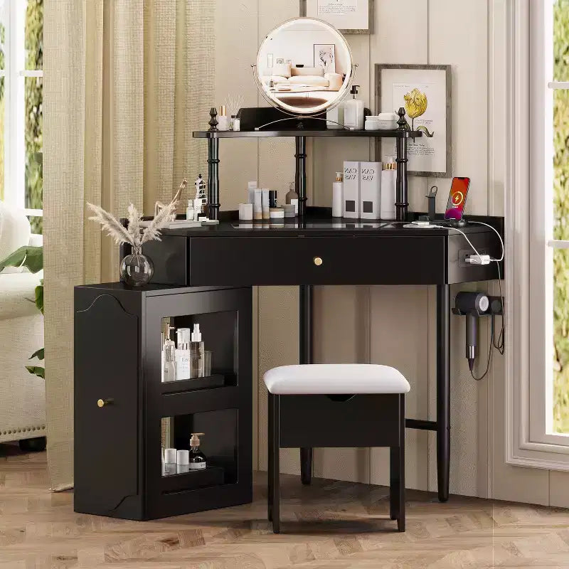 Corner Makeup Vanity Set with Stool & Charging Station, Triangle Vanity Desk with Removable Side Cabinet, Glass Top Organizer - ModernLuxe