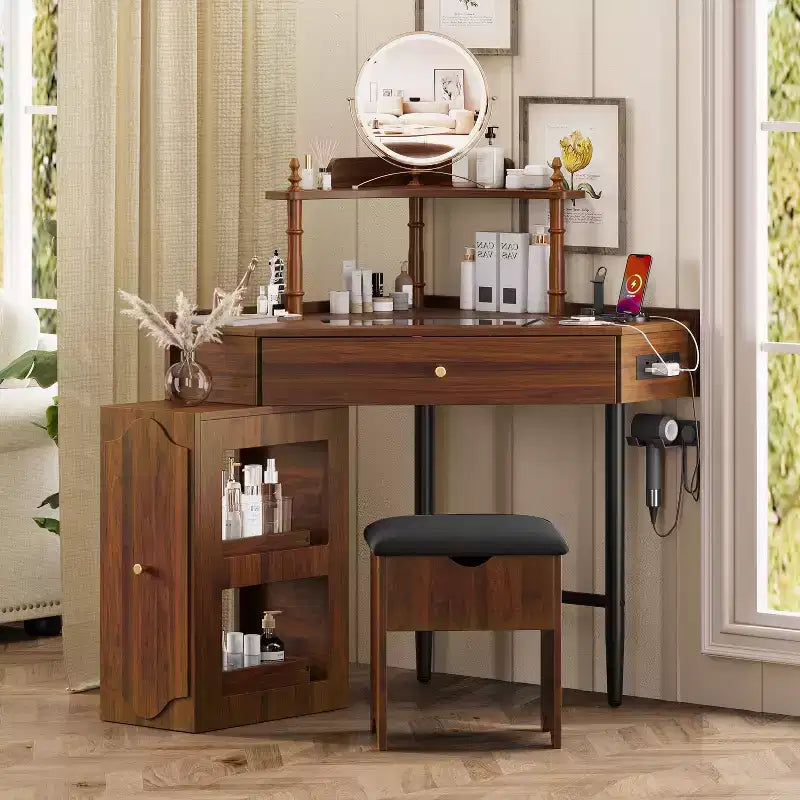 Coiffeuse d'angle avec tabouret Noir/Noyer, bureau triangulaire 1 personne avec station de charge et meuble amovible
