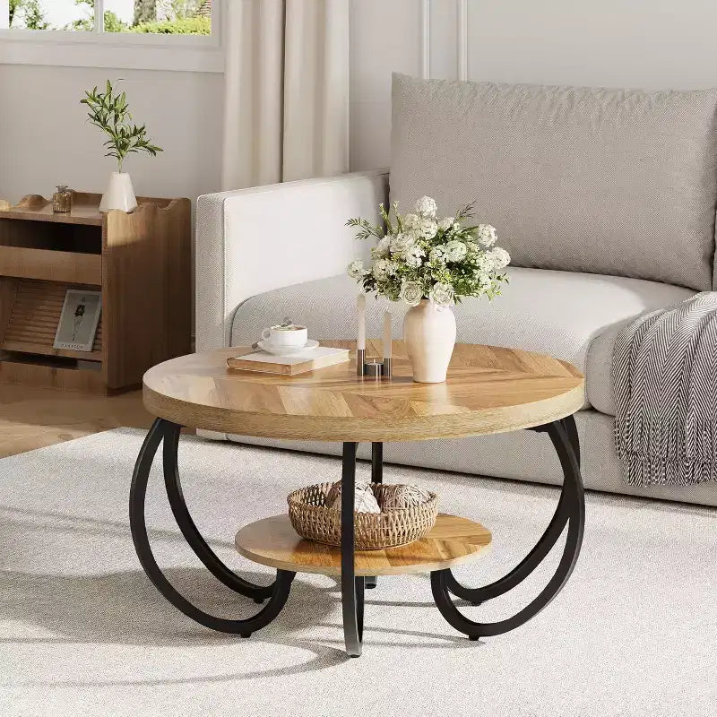 Table basse ronde à 2 niveaux Chêne clair / brun, style industriel, 1 à 2 places