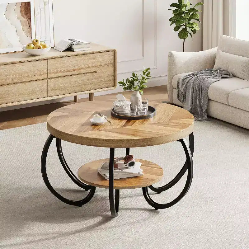 Table basse ronde à 2 niveaux Chêne clair / brun, style industriel, 1 à 2 places