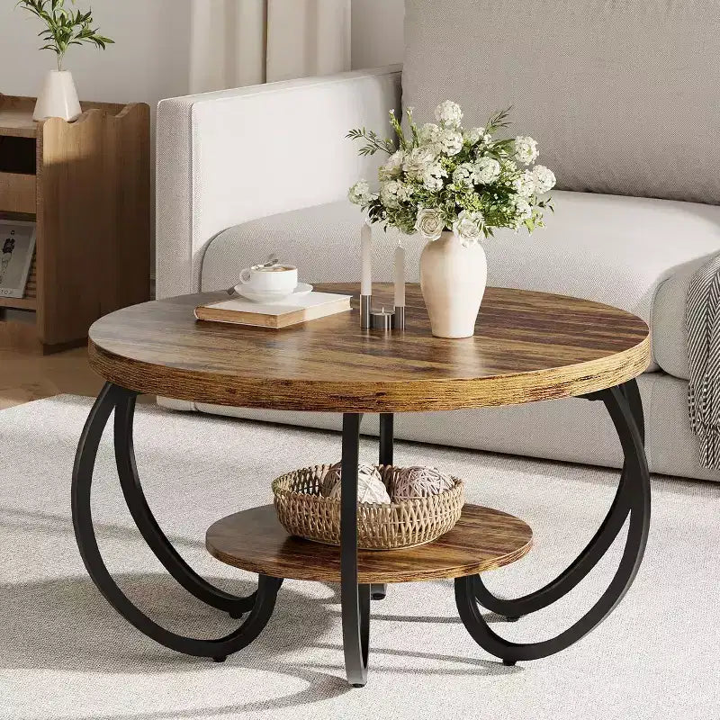 Table basse ronde à 2 niveaux Chêne clair / brun, style industriel, 1 à 2 places