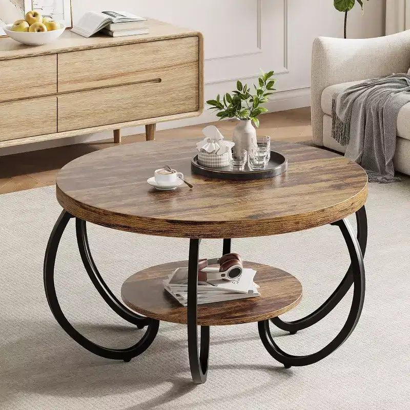 Table basse ronde à 2 niveaux Chêne clair / brun, style industriel, 1 à 2 places