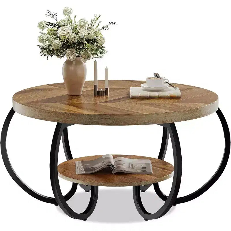 Table basse ronde à 2 niveaux Chêne clair / brun, style industriel, 1 à 2 places