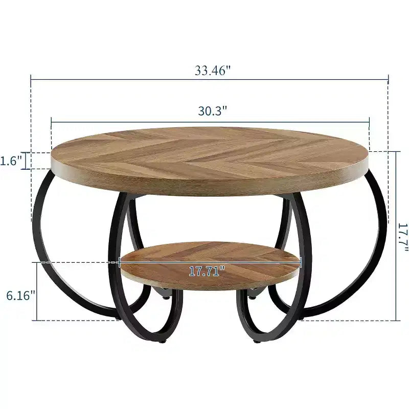 Table basse ronde à 2 niveaux Chêne clair / brun, style industriel, 1 à 2 places