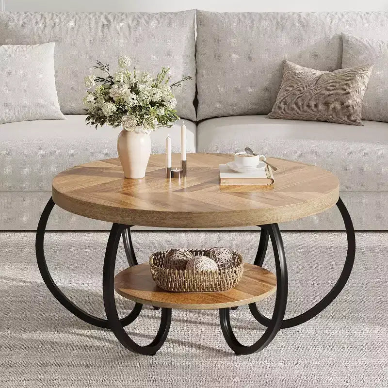 Table basse ronde à 2 niveaux Chêne clair / brun, style industriel, 1 à 2 places