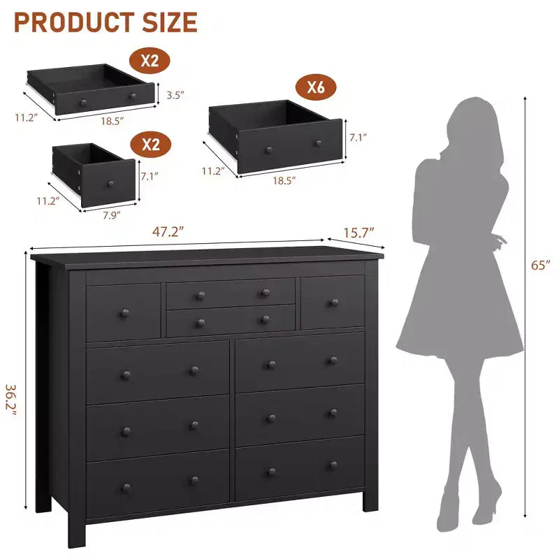 Commode à 10 tiroirs noire/blanche, lot de 2, pour 1 personne