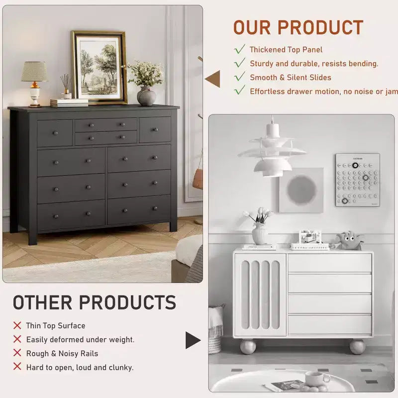 Commode à 10 tiroirs noire/blanche, lot de 2, pour 1 personne