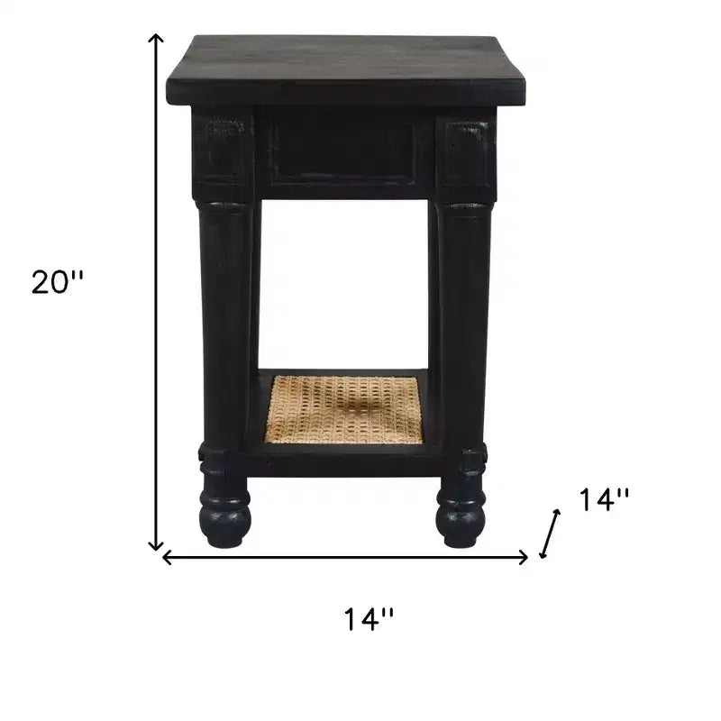 Table d'appoint carrée noire, bois massif et étagère en cannage, 1 pièce