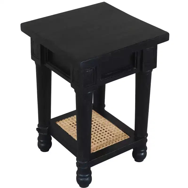 Table d'appoint carrée noire, bois massif et étagère en cannage, 1 pièce