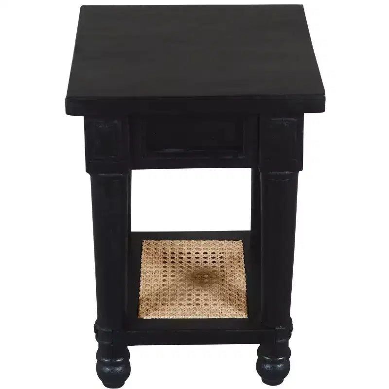 Table d'appoint carrée noire, bois massif et étagère en cannage, 1 pièce