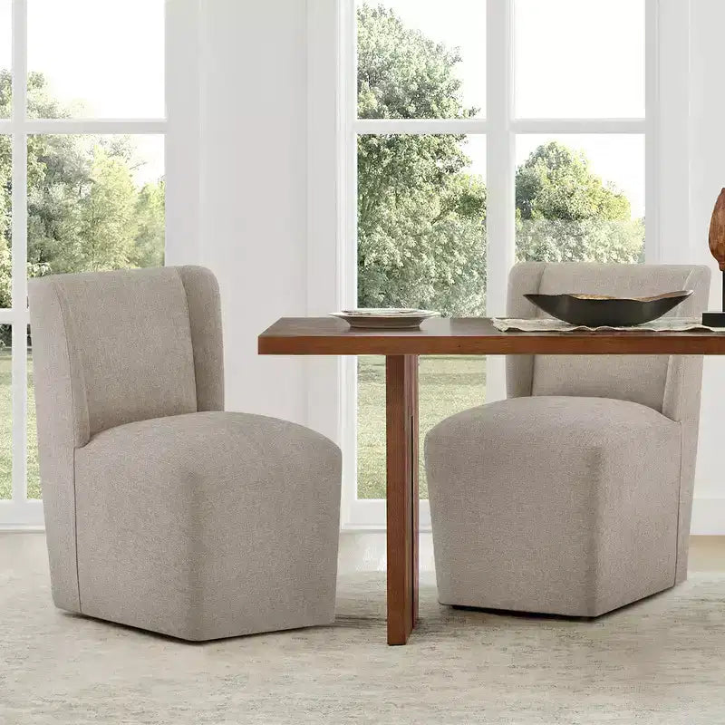 Chaise de salle à manger sans accoudoirs en tissu couleur kaki/lin avec roulettes, 1 place