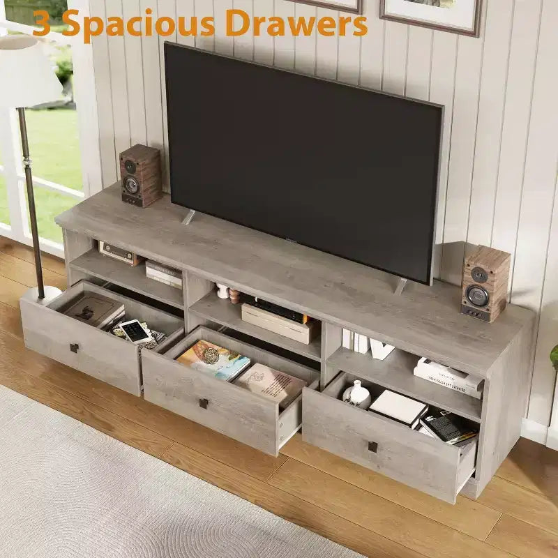 Meuble TV Mid-Century blanc antique / gris / couleur bois avec 3 tiroirs et étagères ouvertes, convient aux téléviseurs jusqu'à 75 pouces