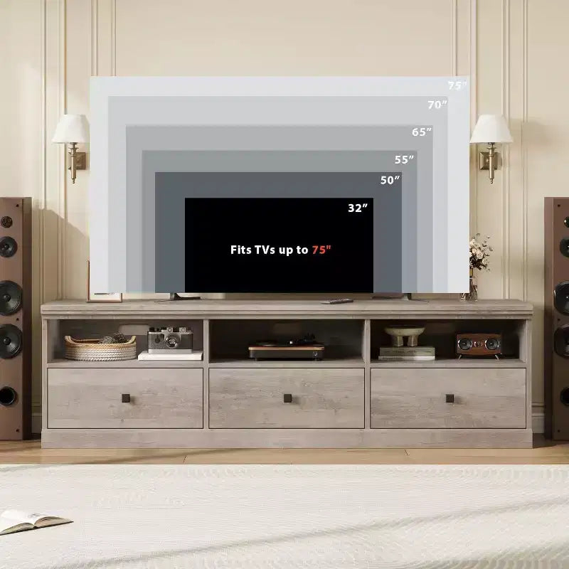 Meuble TV Mid-Century blanc antique / gris / couleur bois avec 3 tiroirs et étagères ouvertes, convient aux téléviseurs jusqu'à 75 pouces