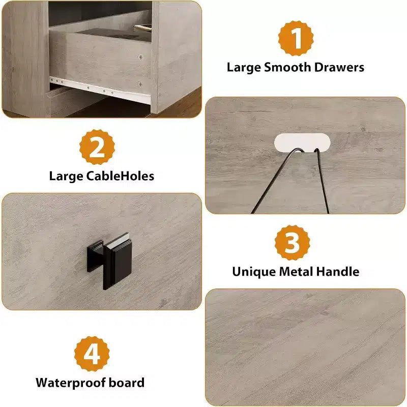 Meuble TV Mid-Century blanc antique / gris / couleur bois avec 3 tiroirs et étagères ouvertes, convient aux téléviseurs jusqu'à 75 pouces