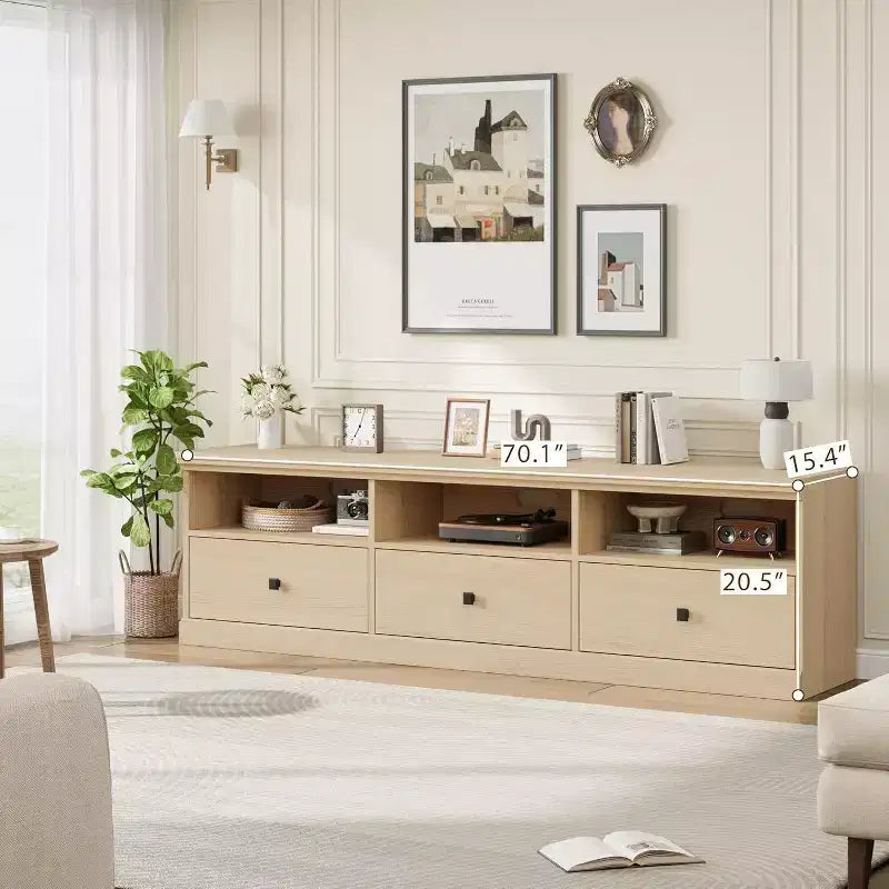 Meuble TV Mid-Century blanc antique / gris / couleur bois avec 3 tiroirs et étagères ouvertes, convient aux téléviseurs jusqu'à 75 pouces